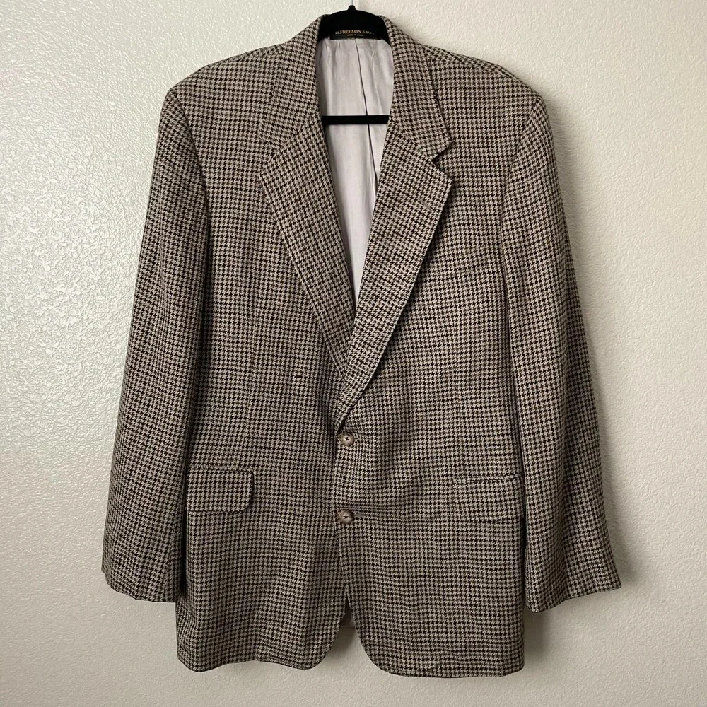 Vintage Hickey Freeman Blazer Mens 42R Tan Blue Houndstooth Sportscoat Union USA